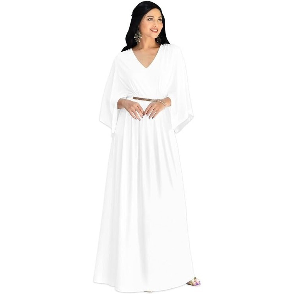 MSRP $56 KOH KOH Women's S‎ White Long Elegant Maxi Dress V-Neck Batwing Sleeve